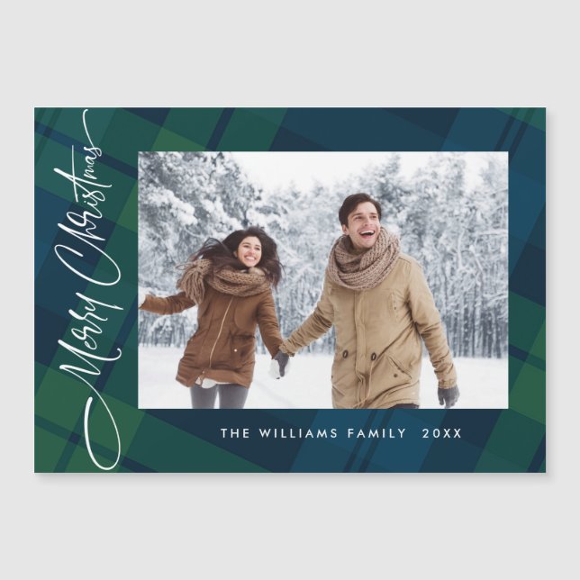 Retro Christmas Plaid PHOTO Magnetic Magnet Card (Front)