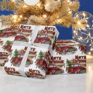 Retro Christmas Plaid Red Vintage Truck Watercolor Wrapping Paper