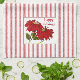 Retro Christmas Poinsettia red and white stripe Kitchen Towel