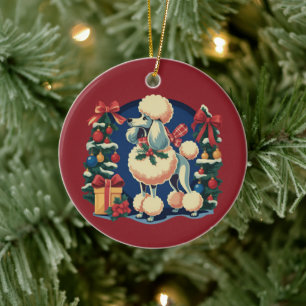 Retro Christmas Poodle Vintage 1950's Holiday Dog Ceramic Ornament