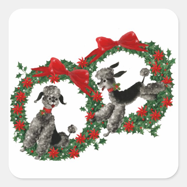 Retro Christmas Poodles in Wreaths Square Sticker (Front)