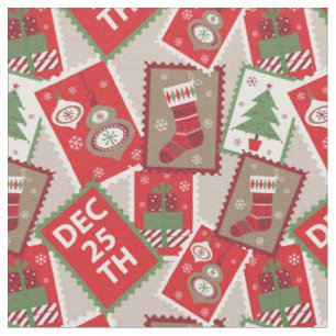 Retro Christmas Postage Stamp Collage Fabric