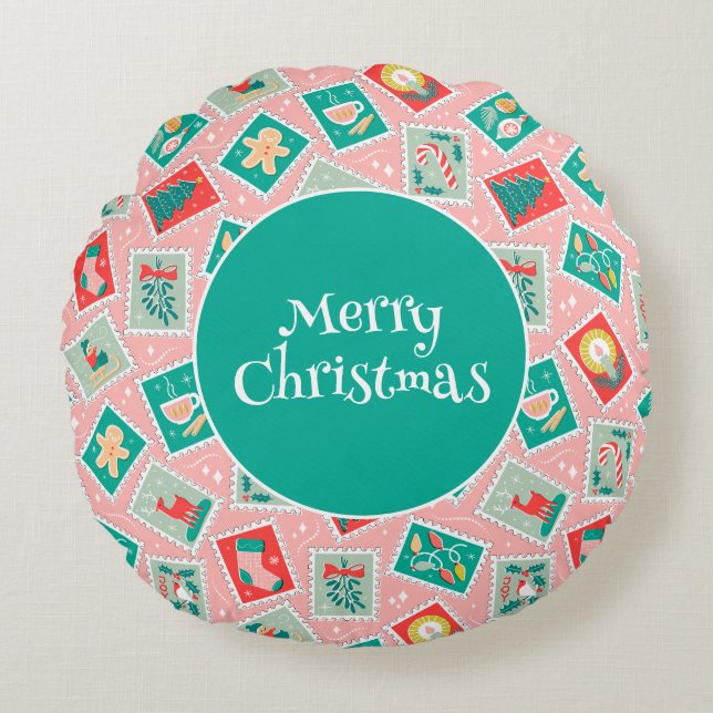 Retro Christmas Postage Stamps Round Pillow (Front)