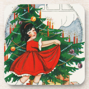 Retro Christmas Postcard, Child and Christmas Tree Beverage Coaster
