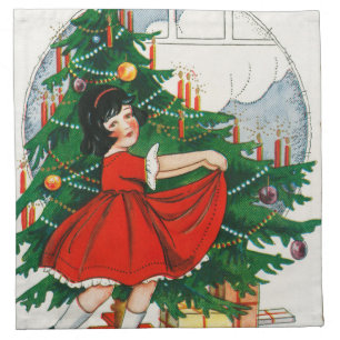 Retro Christmas Postcard, Child and Christmas Tree Cloth Napkin
