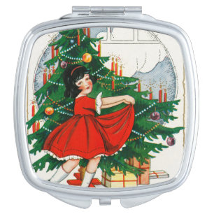 Retro Christmas Postcard, Child and Christmas Tree Compact Mirror