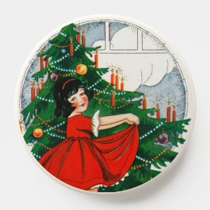 Retro Christmas Postcard, Child and Christmas Tree PopSocket
