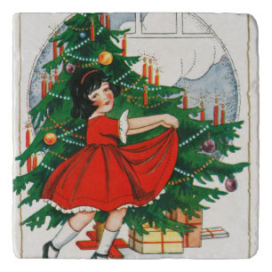 Retro Christmas Postcard, Child and Christmas Tree Trivet
