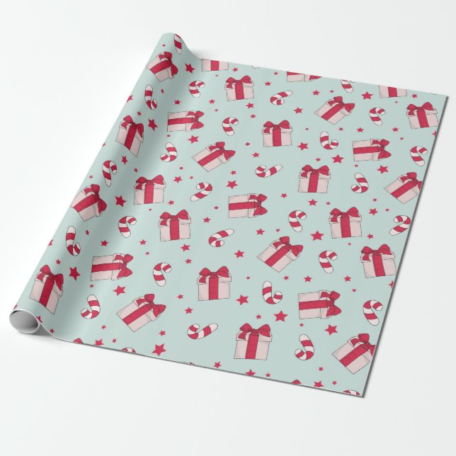 Retro Christmas Presents and Candy Canes Holiday Wrapping Paper (Unrolled)