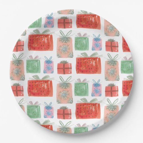 Retro Christmas Presents Illustration Paper Plates