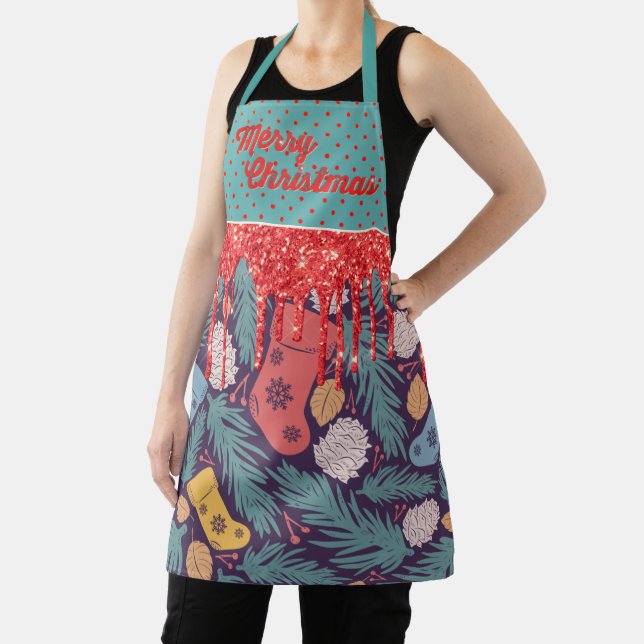 Retro Christmas Print Red Dripping & Gold Glitter Apron (Insitu)