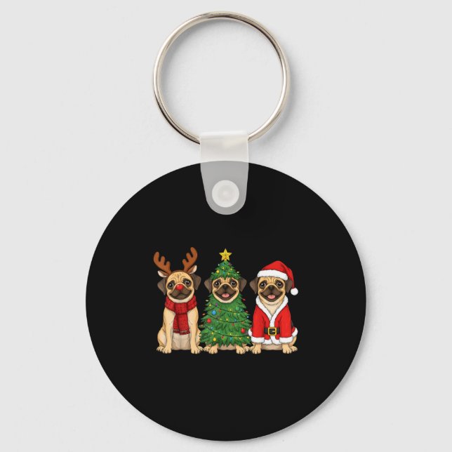 Retro Christmas Puggle Santa Reindeer Dog Lover  Keychain (Front)