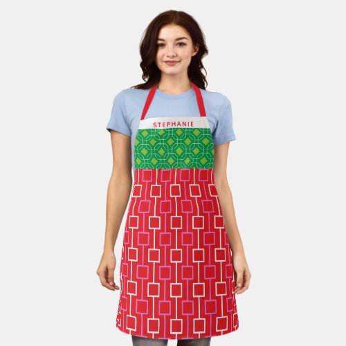 Retro Christmas Red and Green Pattern Personalized Apron