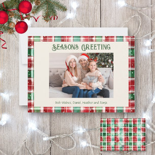 Retro Christmas Red and Green Plaid Family Photo Holiday Card