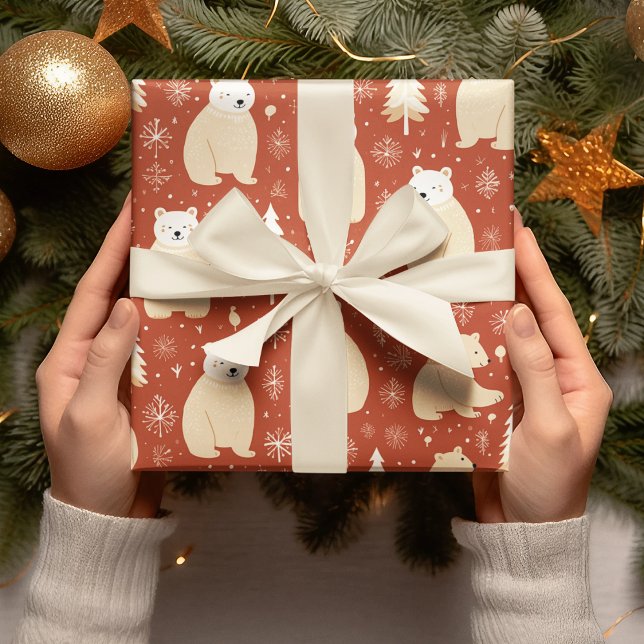 "Retro Christmas Red And White Bear And Tree Wrapping Paper (Creator Uploaded)