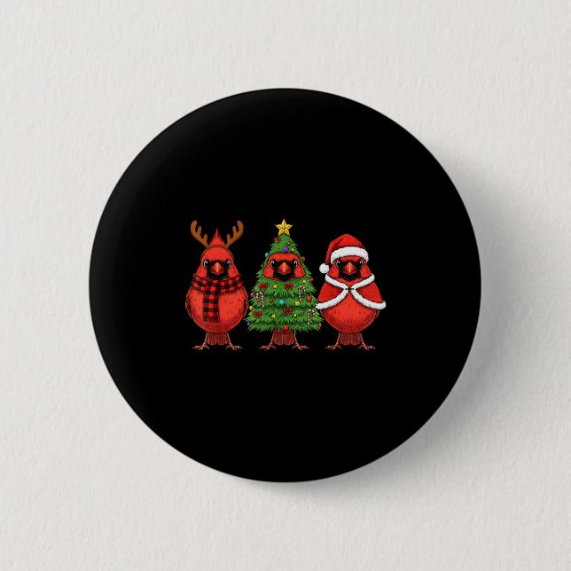 Retro Christmas Red Cardinal Bird Santa Reindeer  Button (Front)