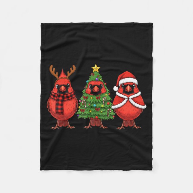 Retro Christmas Red Cardinal Bird Santa Reindeer  Fleece Blanket (Front)