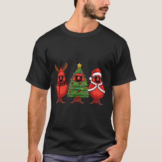 Retro Christmas Red Cardinal Bird Santa Reindeer  T-Shirt (Front)