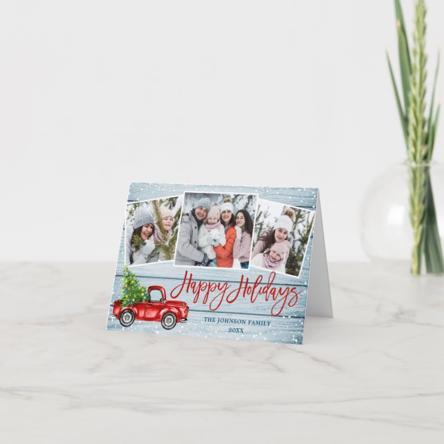 Retro Christmas Red Truck 3 PHOTO Greeting Holiday Card (Front)