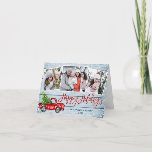 Retro Christmas Red Truck 3 PHOTO Greeting Holiday Card