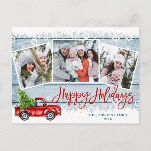 Retro Christmas Red Truck 3 PHOTO Greeting Holiday Postcard