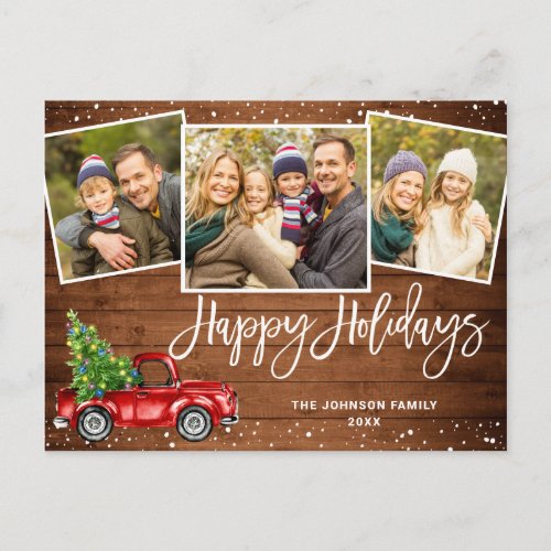 Retro Christmas Red Truck 3 PHOTO Greeting Holiday Postcard