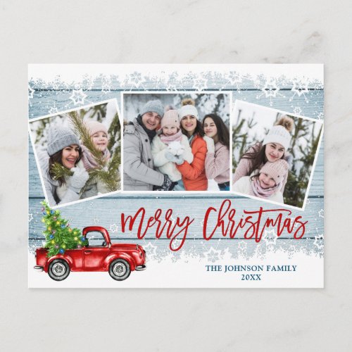 Retro Christmas Red Truck 3 PHOTO Greeting Holiday Postcard