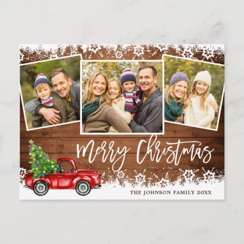 Retro Christmas Red Truck 3 PHOTO Greeting Holiday Postcard
