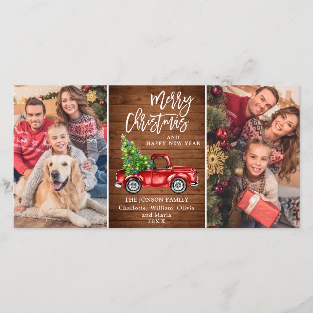 Retro Christmas Red Truck Rustic 2 PHOTO Greeting Holiday Card (Front)