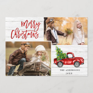 Retro Christmas Red Truck Rustic 2 PHOTO Greeting Holiday Card