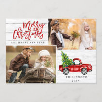 Retro Christmas Red Truck Rustic 2 PHOTO Greeting Holiday Card