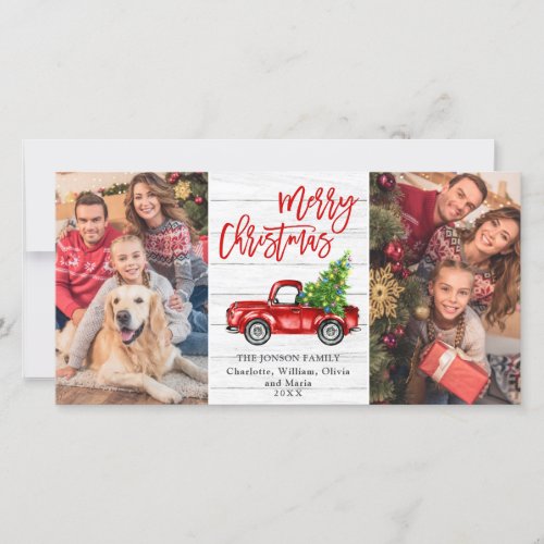 Retro Christmas Red Truck Rustic 2 PHOTO Greeting Holiday Card