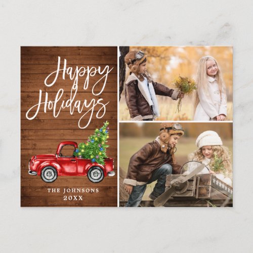 Retro Christmas Red Truck Rustic 2 PHOTO Greeting Postcard