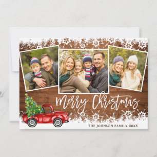 Retro Christmas Red Truck Rustic 3 PHOTO Greeting Holiday Card