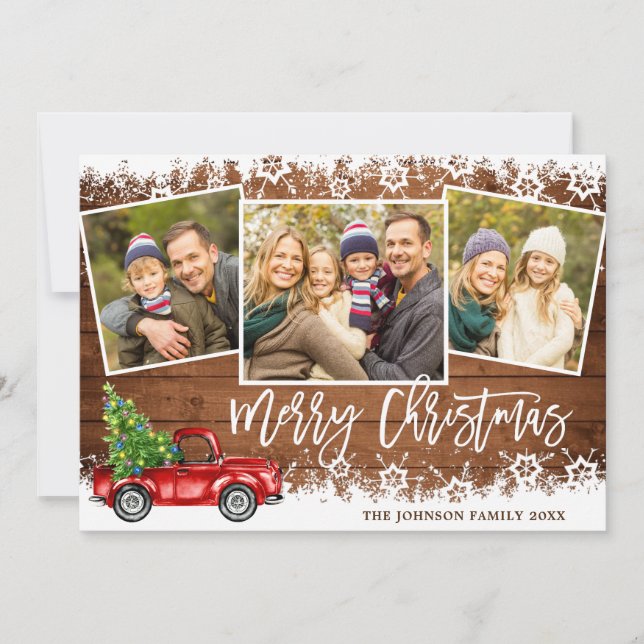 Retro Christmas Red Truck Rustic 3 PHOTO Greeting Holiday Card (Front)