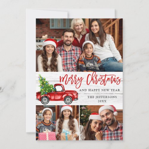 Retro Christmas Red Truck Rustic 3 PHOTO Greeting Holiday Card