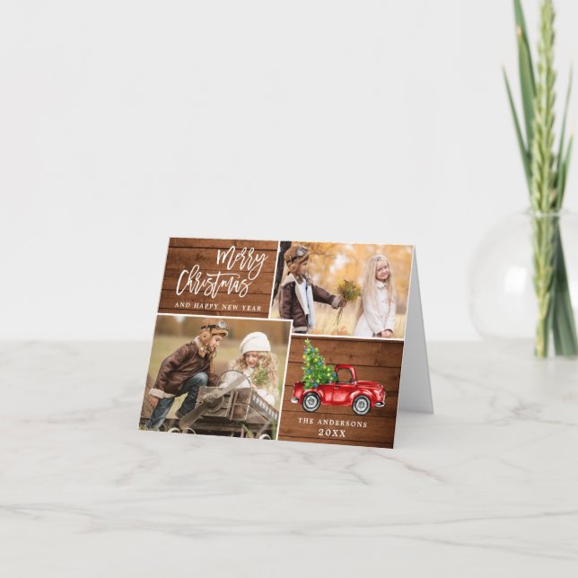 Retro Christmas Red Truck Rustic 3 PHOTO Greeting Holiday Card (Front)