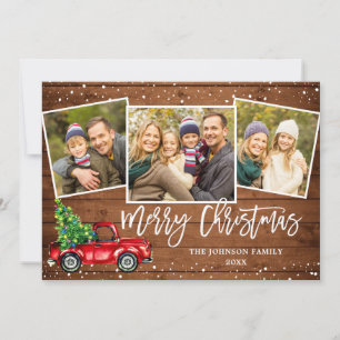 Retro Christmas Red Truck Rustic 3 PHOTO Greeting Holiday Card
