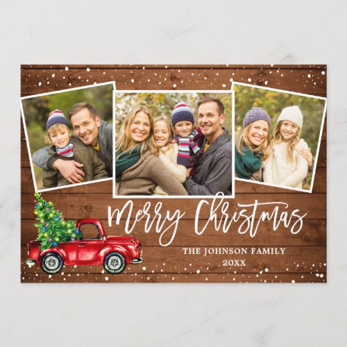 Retro Christmas Red Truck Rustic 3 PHOTO Greeting Holiday Card