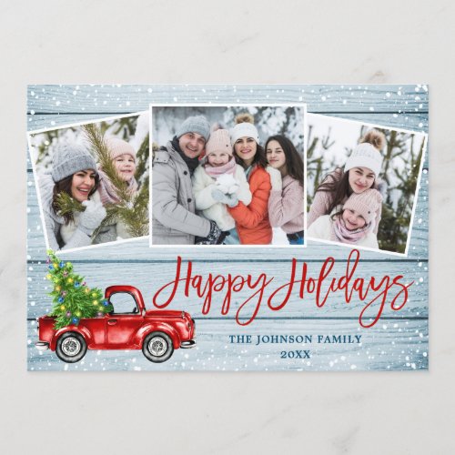 Retro Christmas Red Truck Rustic 3 PHOTO Greeting Holiday Card