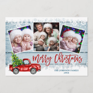 Retro Christmas Red Truck Rustic 3 PHOTO Greeting Holiday Card