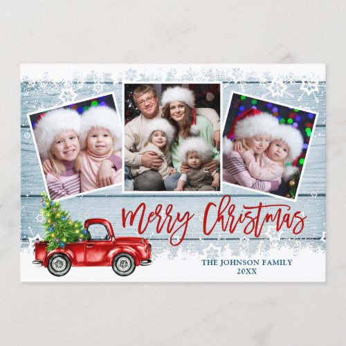 Retro Christmas Red Truck Rustic 3 PHOTO Greeting Holiday Card