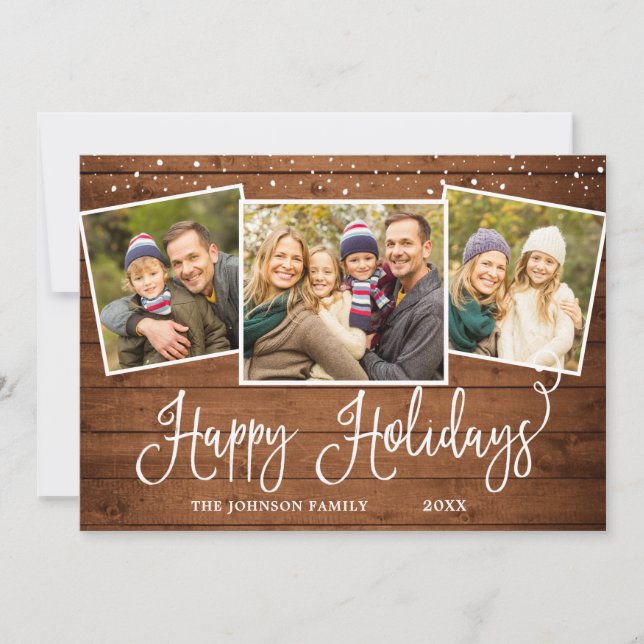 Retro Christmas Red Truck Rustic 3 PHOTO Greeting Holiday Card (Front)