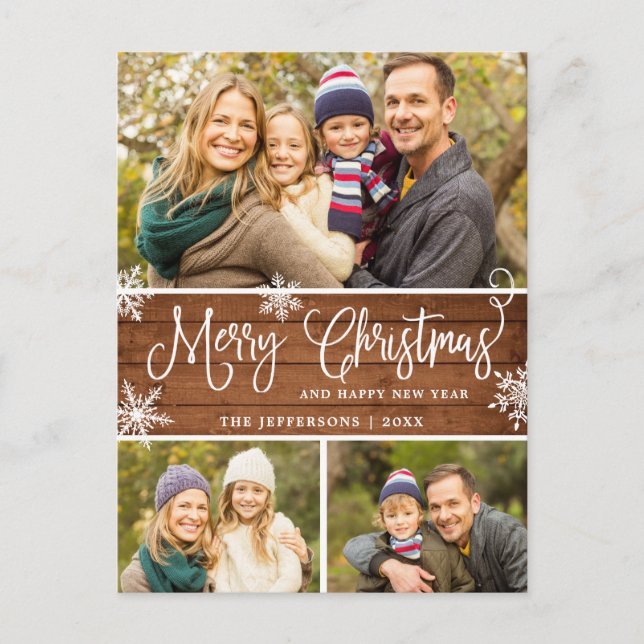 Retro Christmas Red Truck Rustic 3 PHOTO Greeting Postcard (Front)