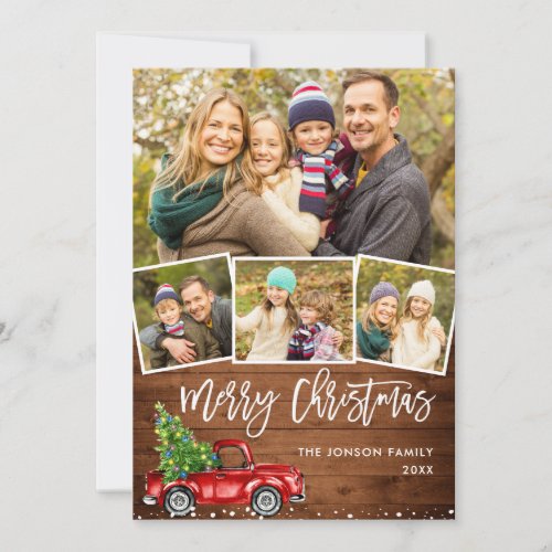 Retro Christmas Red Truck Rustic 4 PHOTO Greeting Holiday Card