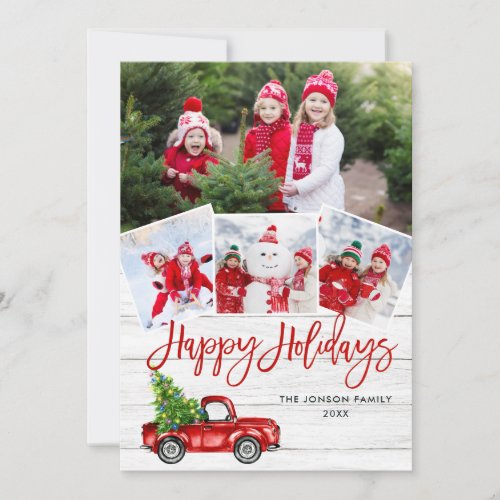 Retro Christmas Red Truck Rustic 4 PHOTO Greeting Holiday Card