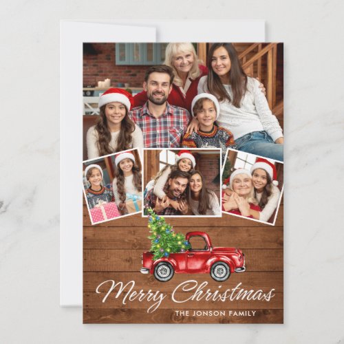 Retro Christmas Red Truck Rustic 4 PHOTO Greeting Holiday Card