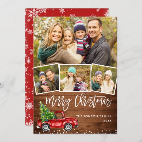 Retro Christmas Red Truck Rustic 4 PHOTO Greeting Holiday Card