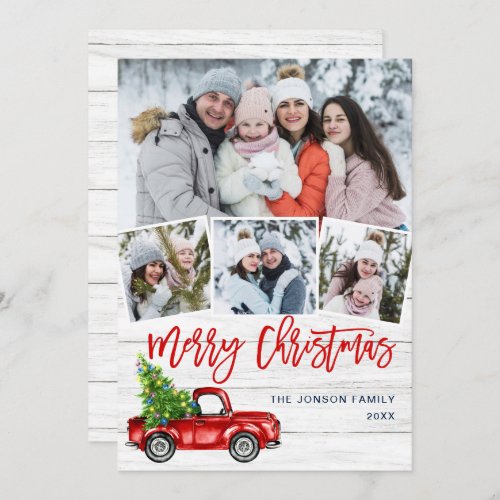 Retro Christmas Red Truck Rustic 4 PHOTO Greeting Holiday Card