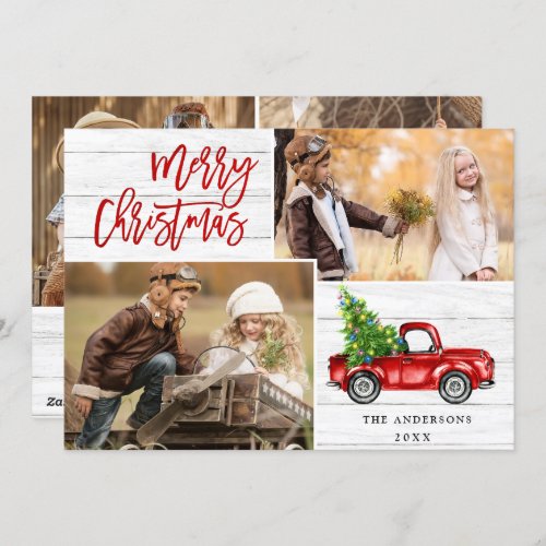 Retro Christmas Red Truck Rustic 4 PHOTO Greeting Holiday Card